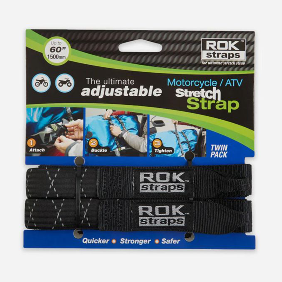 ROK STRAP MOTORCYCLE ADJUSTABLE STRETCH  BLACK REFLECTIVE 2 PACK (ROK050)