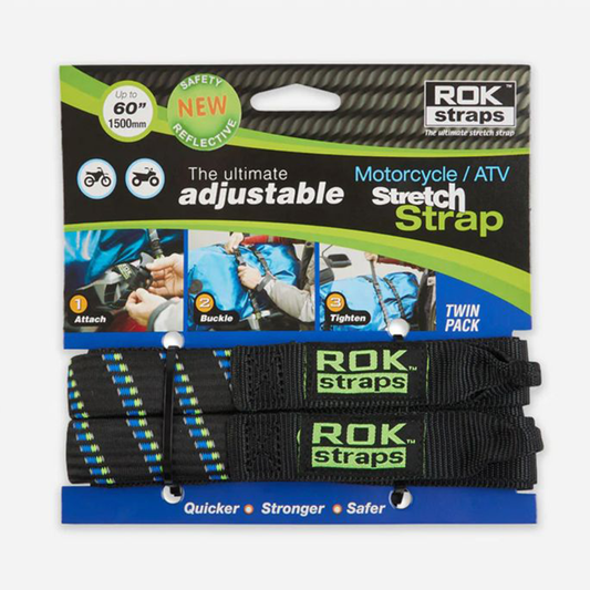 ROK STRAP MOTORCYCLE ADJUSTABLE STRETCH BLK/BLU/GRN REFLECT 2PACK (ROK056)
