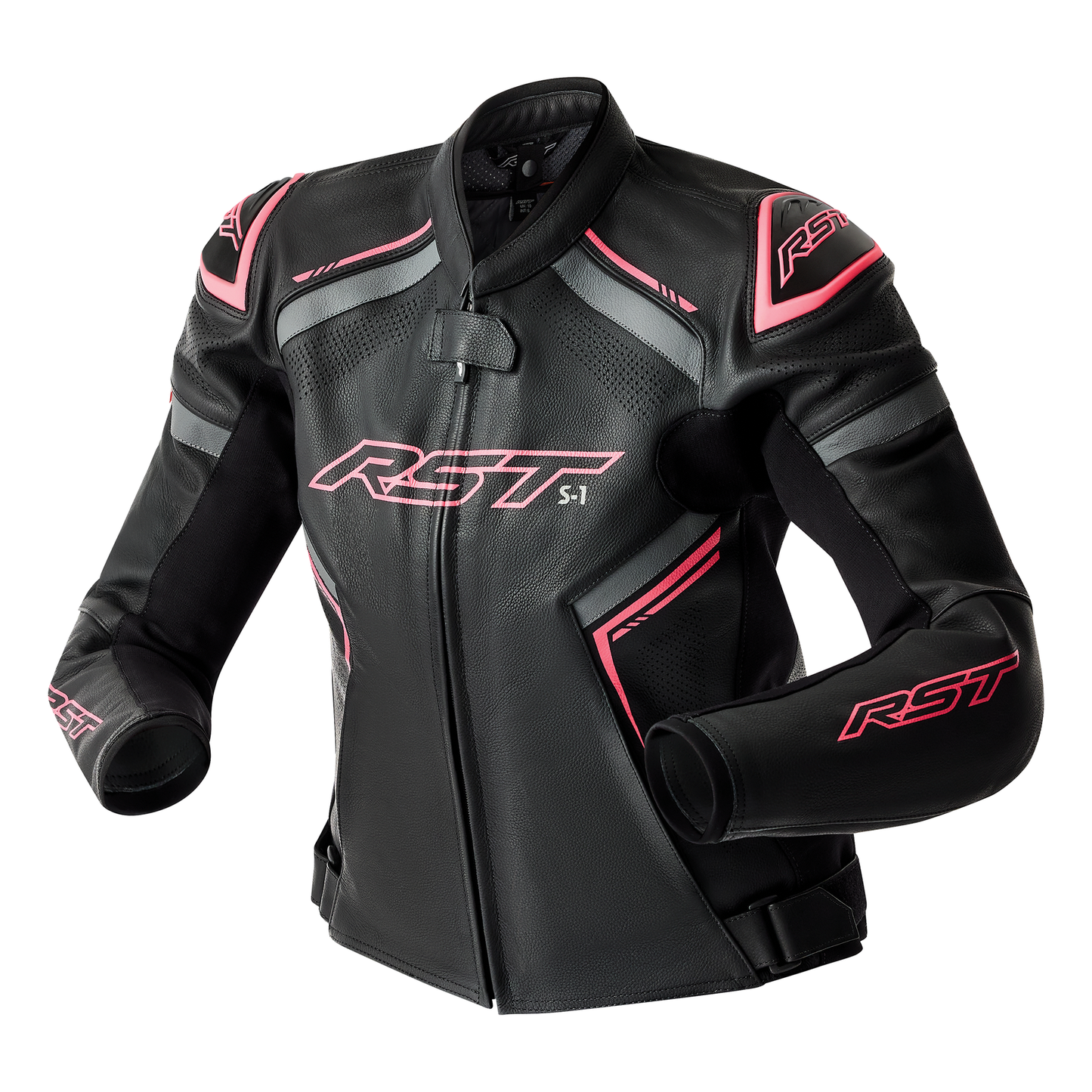 RST RST S1 D30 Ladies Leather Jacket - Black/Flo Pink - Front View