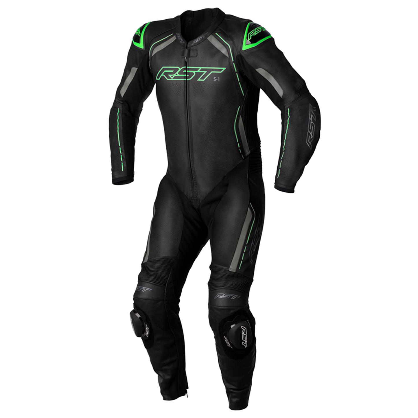 RST S1 CE Men's One Piece Leather Suit - Black/Grey/Neon Green
