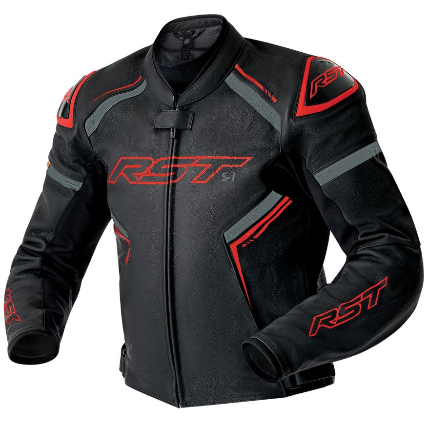 RST RST S1 D30 Men's Leather Jacket - Black / Grey / Red - Front View