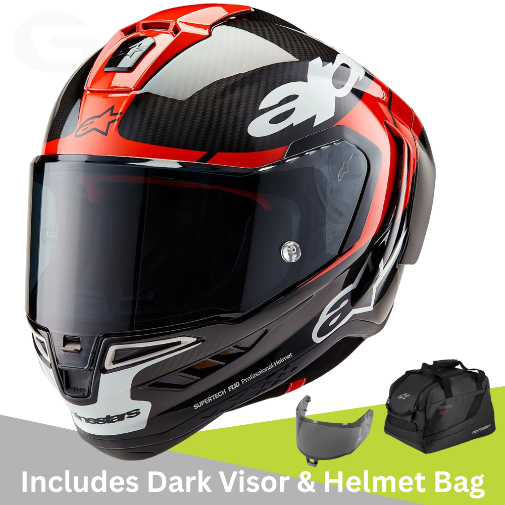black motorcycle helmet with red face shield Alpinestars Supertech R10 Motorcycle Helmet
