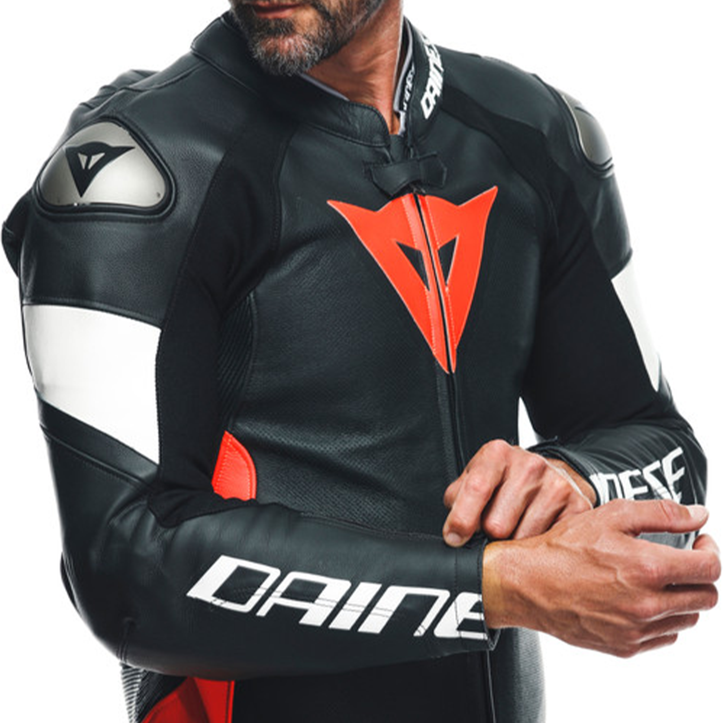 Dainese Tosa 1 Piece Leather Suit Perf. - Black/Flo Red/White