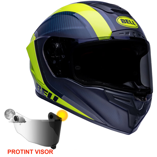 Bell Race Star Flex DLX - Tantrum 2 Matt/Gloss Dark Blue/Hi-Viz Yellow - Protint Visor