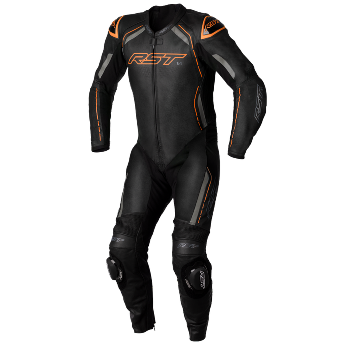 RST S1 CE Men's One Piece Leather Suit - Black/Grey/Neon Orange - YOUTH