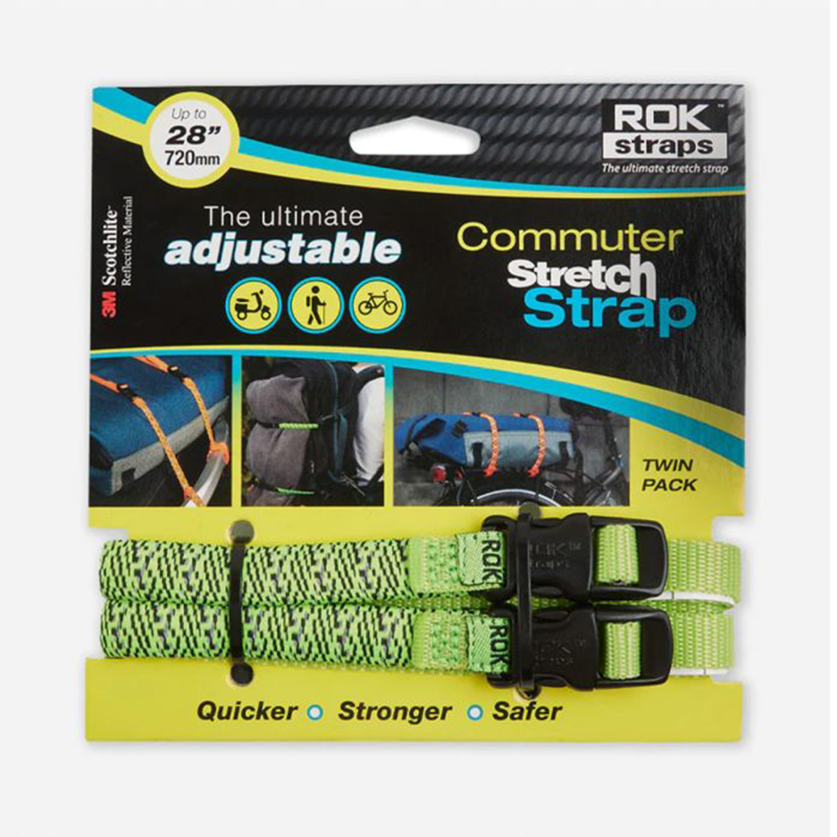 ROK STRAP COMMUTER ADJUSTABLE STRETCH  GREEN REFLECTIVE 2 PACK (ROK330)