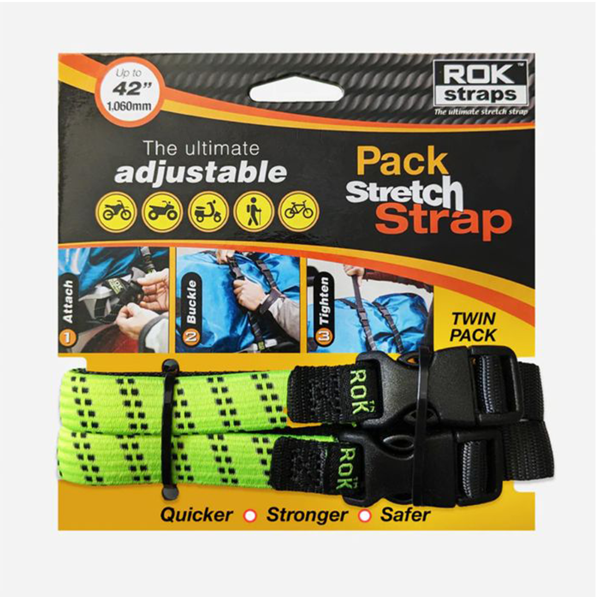 ROK STRAP PACK ADJUSTABLE STRETCH  HI-VIS GREEN/BLACK 2 PACK (ROK361)