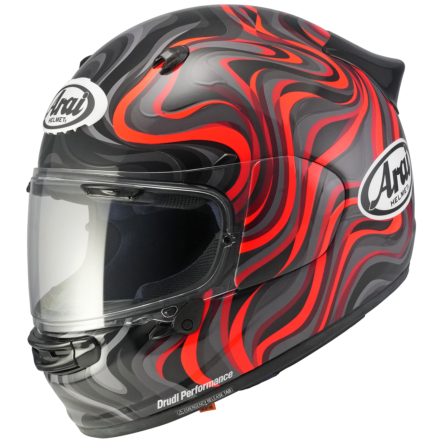 A full-face Arai Quantic motorcycle helmet with a swirl pattern in black, gray, and red colors, featuring a clear visor and ventilation holes on the sides.