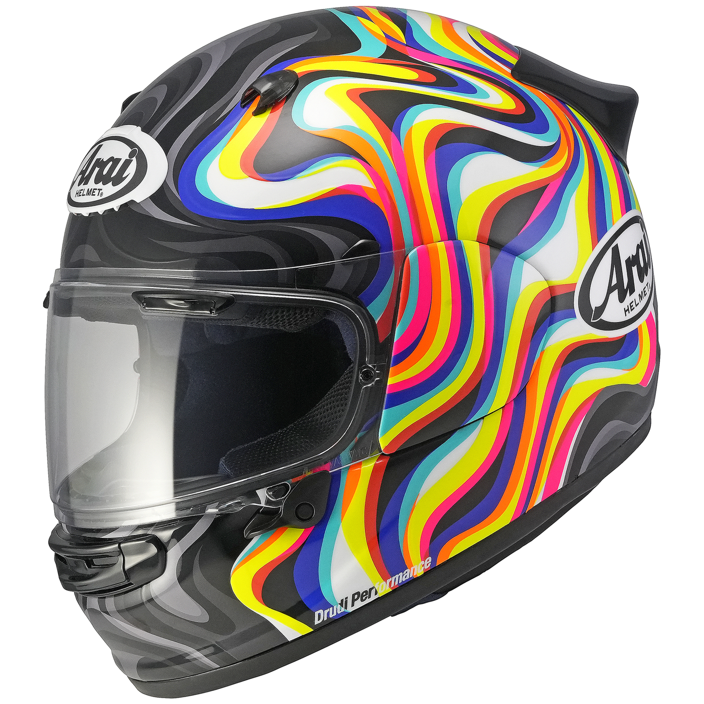 A multicolored Arai Quantic motorcycle helmet with a geometric pattern, featuring a visor and ventilation holes on the sides.