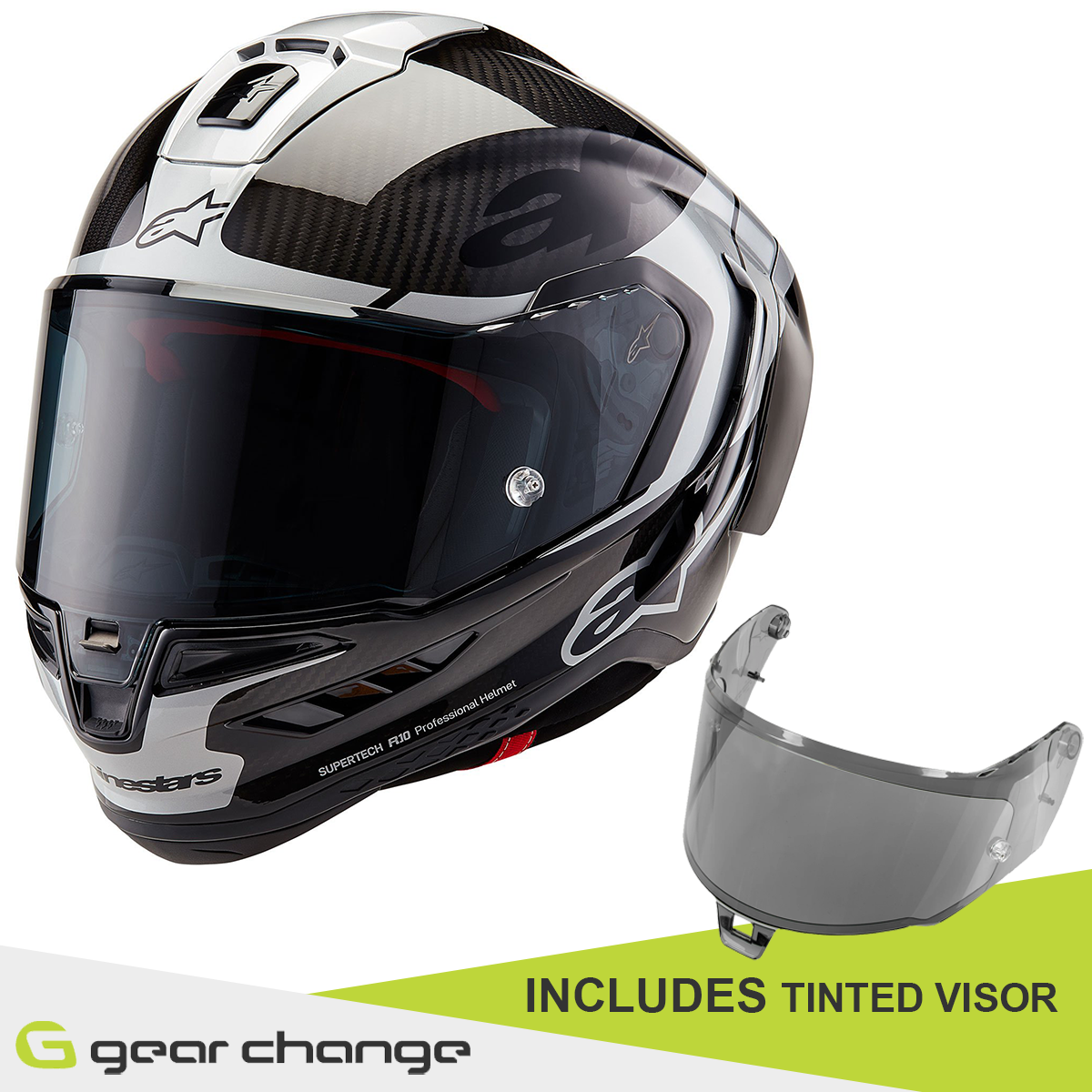 element carbon motorcycle helmet Alpinestars Supertech R10 Motorcycle Helmet - Element Black Carbon/Silver/Black Gloss