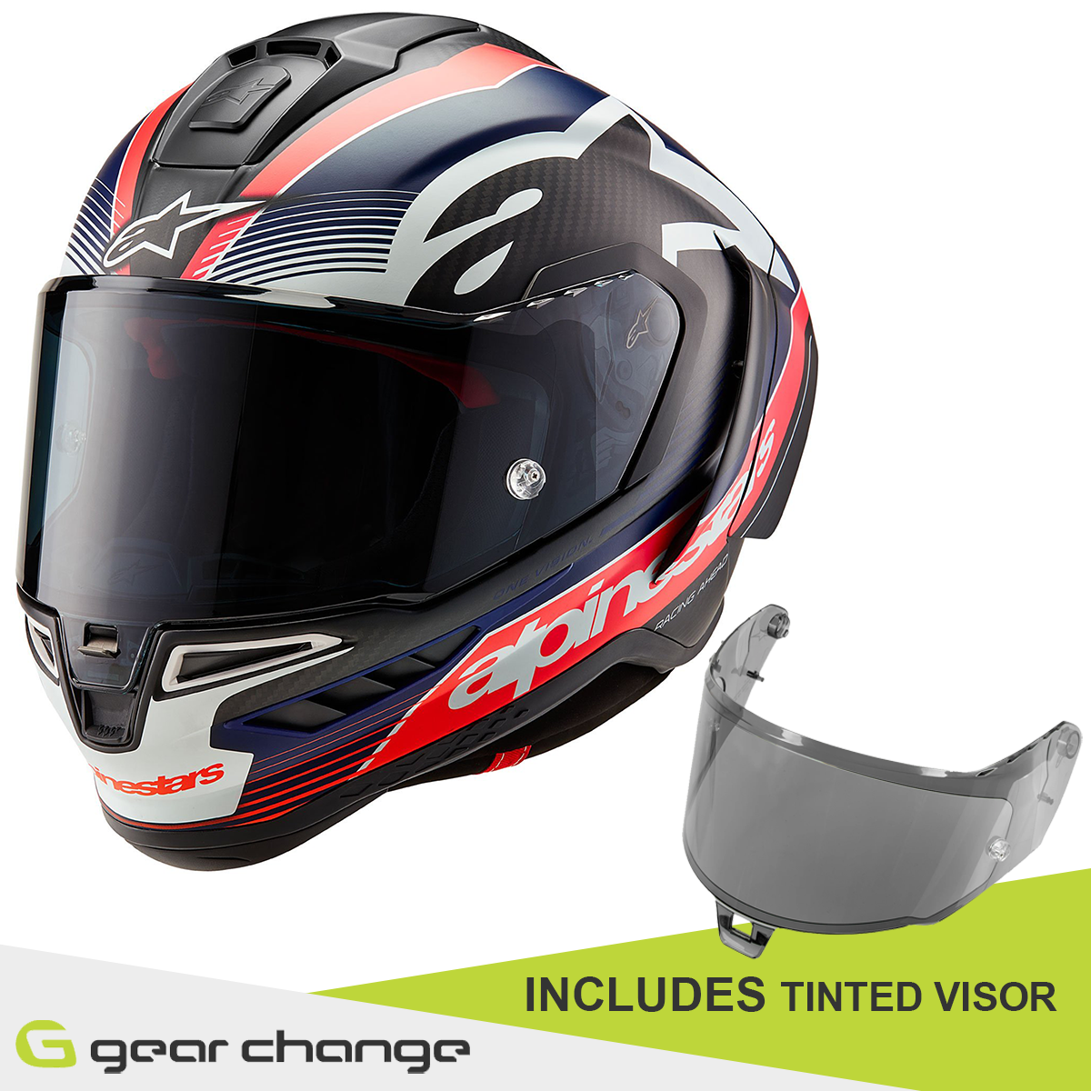 Alpinestars Supertech R10 - Team Black Carbon/Flo Red/Matt Blue - Includes Tinted Visor