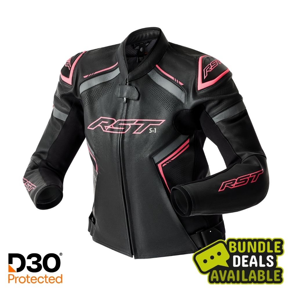 RST S1 D3O Ladies Leather Jacket - Black/Flo Pink