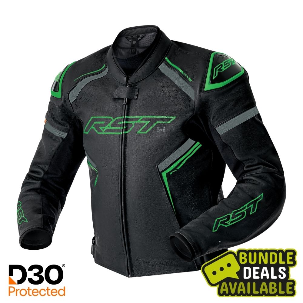 RST S1 D3O Men's Leather Jacket - Black / Grey / Flo Green