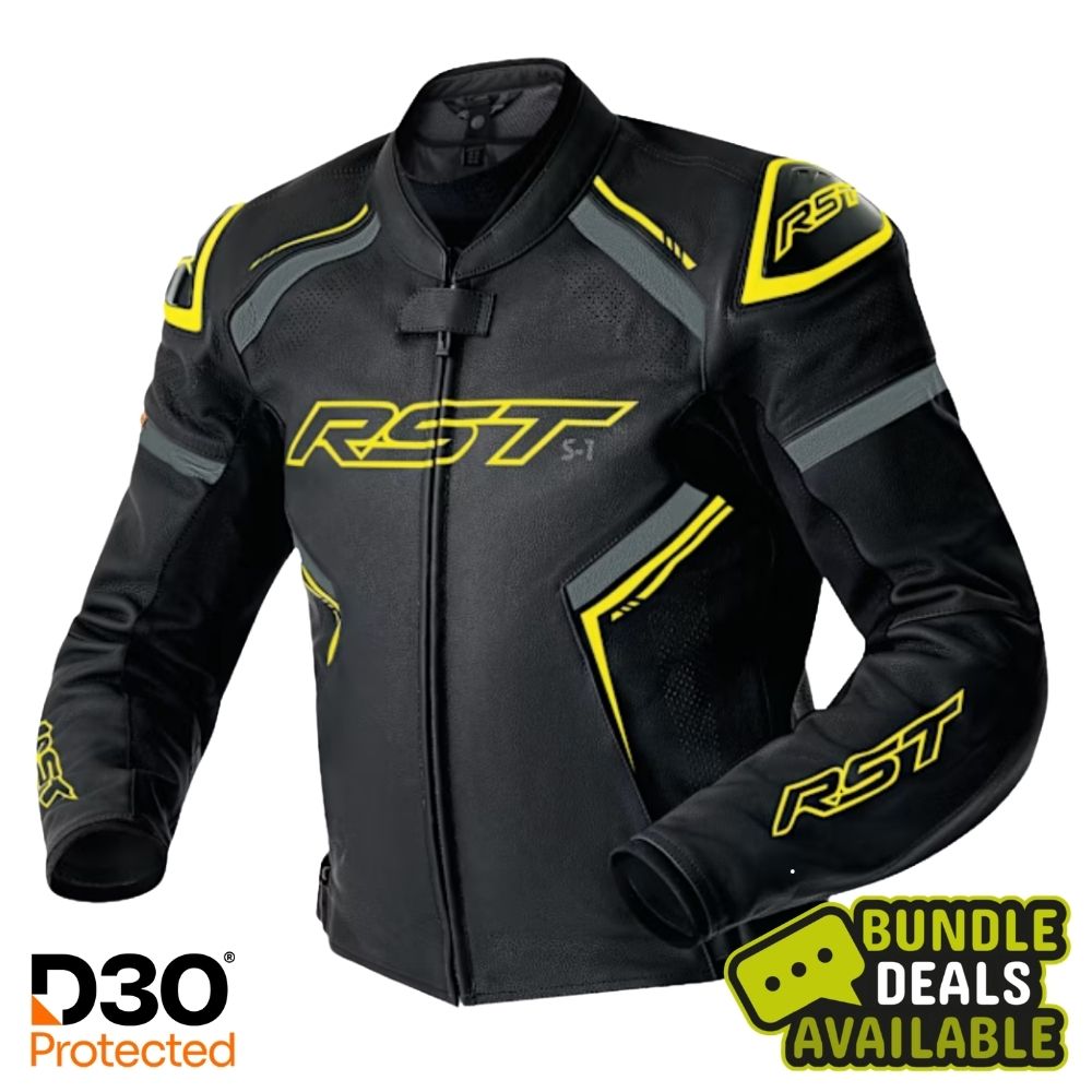 RST S1 D3O Men's Leather Jacket - Black / Grey / Flo Yellow