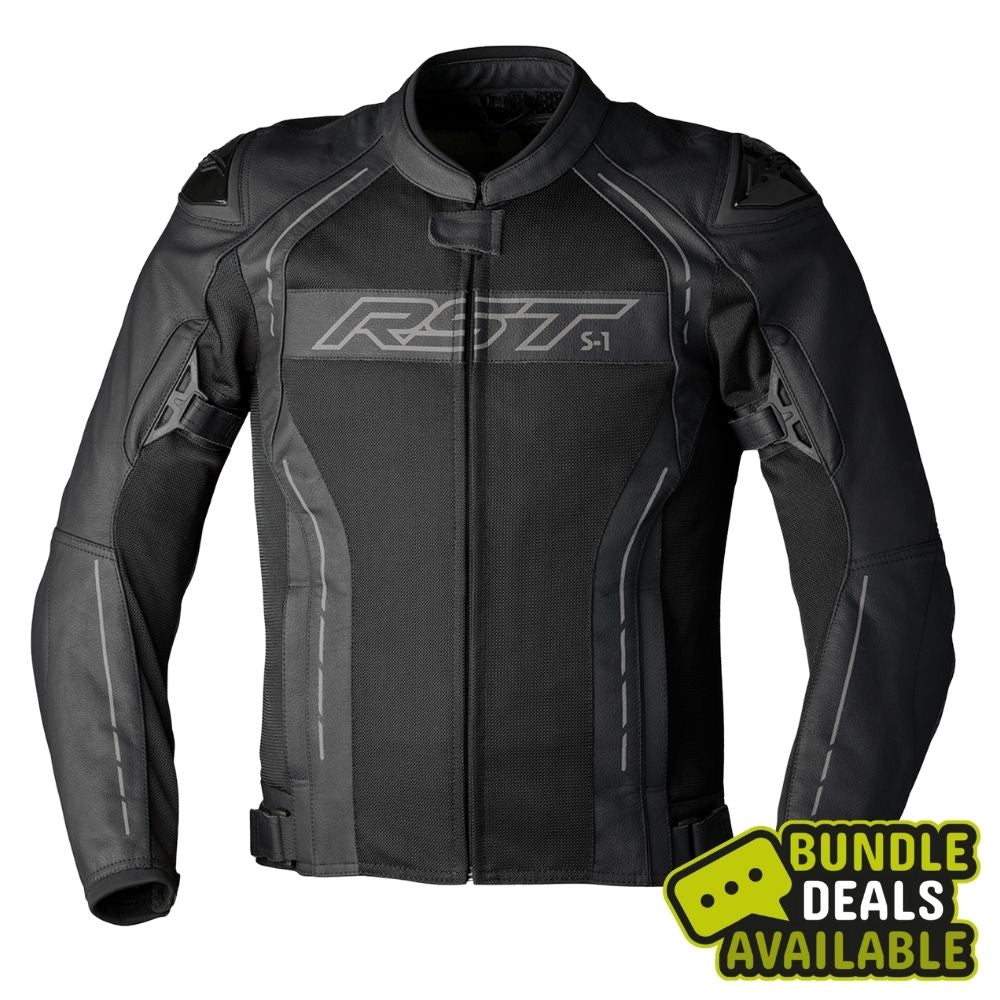 A black and dark gray RST S1 motorcycle jacket with a full front zipper, shown on a plain white background with a yellow 'Bundle Deals Available' graphic overlay in the bottom right corner.