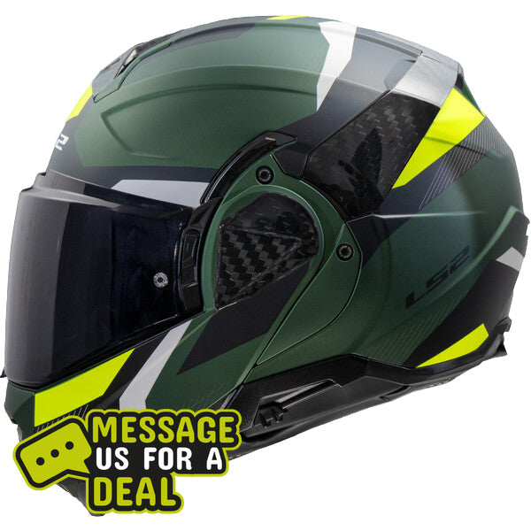 Green and black motorcycle helmet with yellow accents on a white background