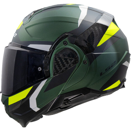 Green and black motorcycle helmet with yellow accents on a white background