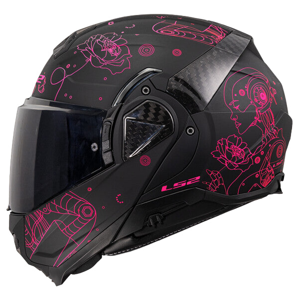 Black motorcycle helmet with pink designs on a white background
