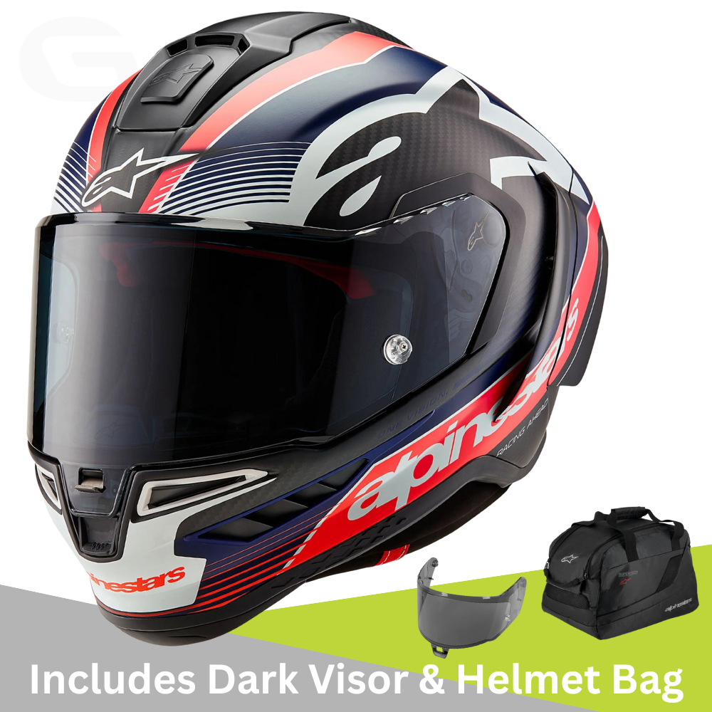 Alpinestars Alpinestars Supertech R10 - Team Black Carbon/Flo Red/Matt Blue - Includes Tinted Visor - Front View