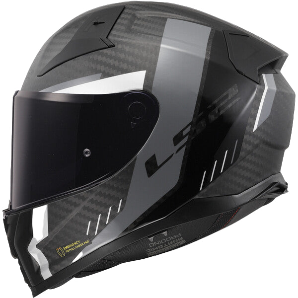Black motorcycle helmet with carbon fiber pattern on a white background