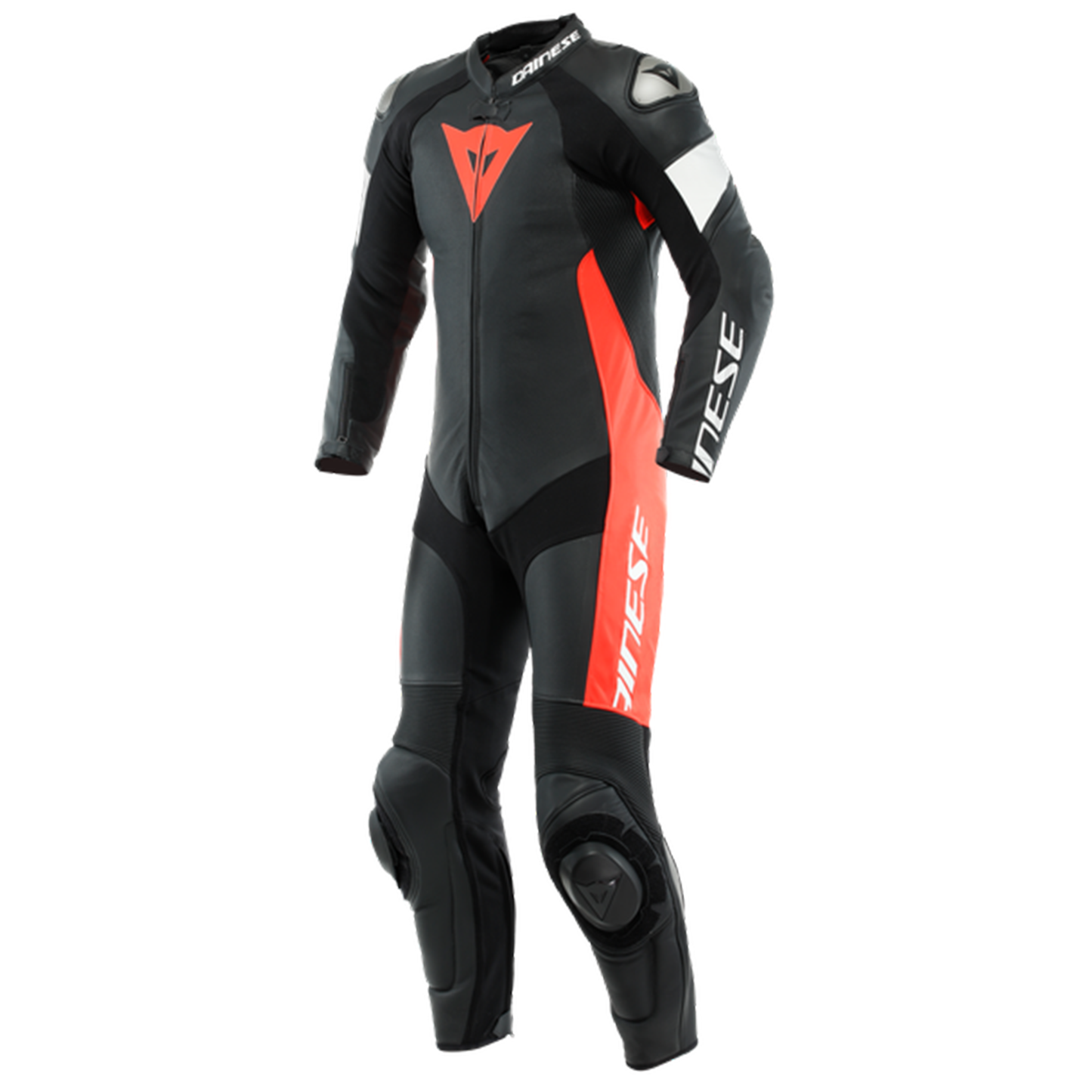 Dainese Tosa 1 Piece Leather Suit Perf. - Black/Flo Red/White