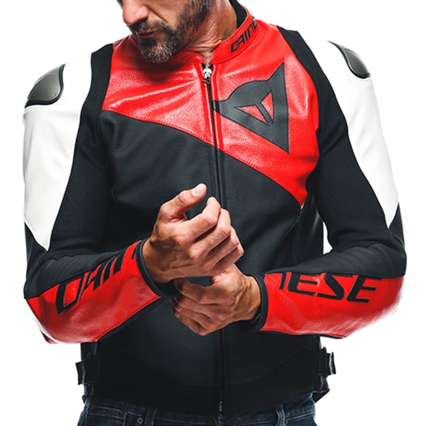 Dainese Sportiva Perf Leather Jacket - Matt Black/Lava Red/White