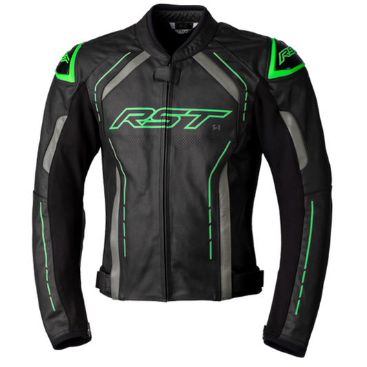 RST S1 (CE) Men's Leather Jacket - Black/Grey/Neon Green (2977)