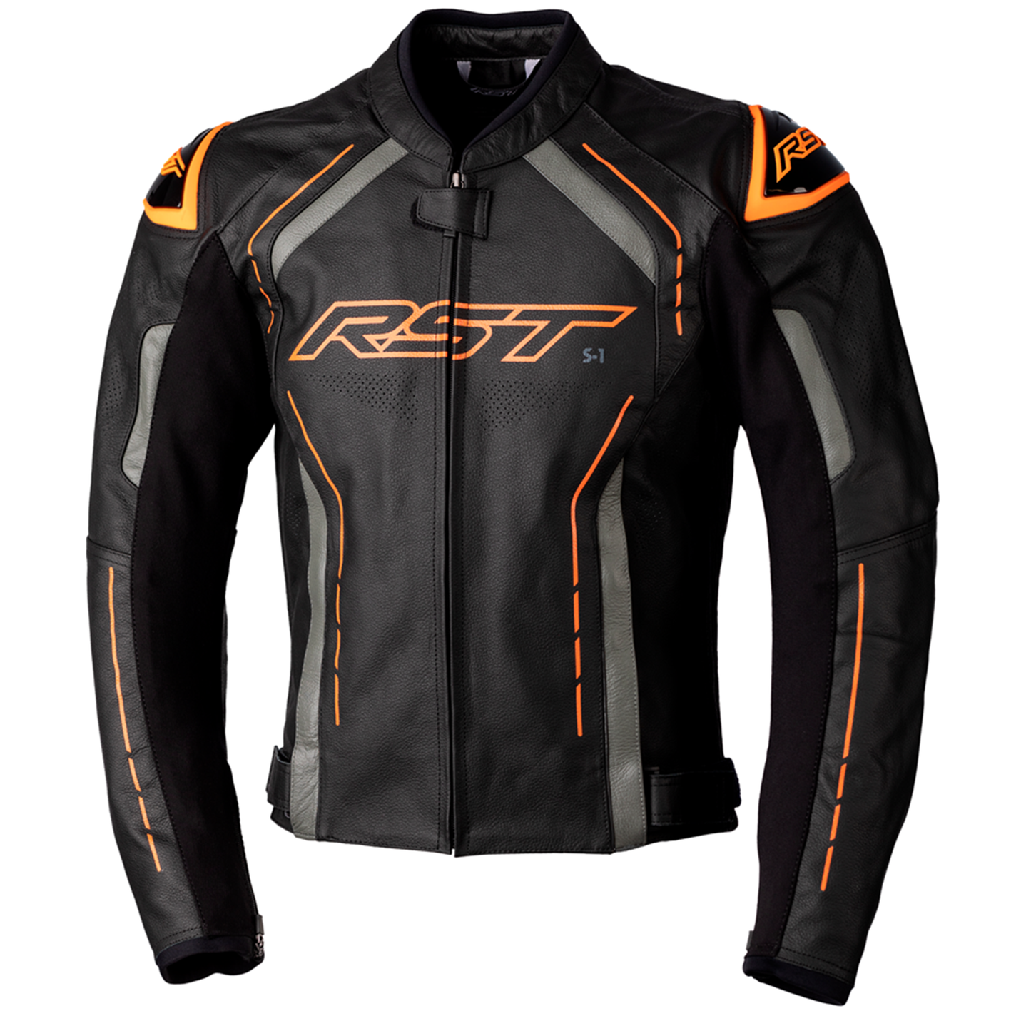 RST S1 (CE) Men's Leather Jacket - Black/Grey/Neon Orange (2977)
